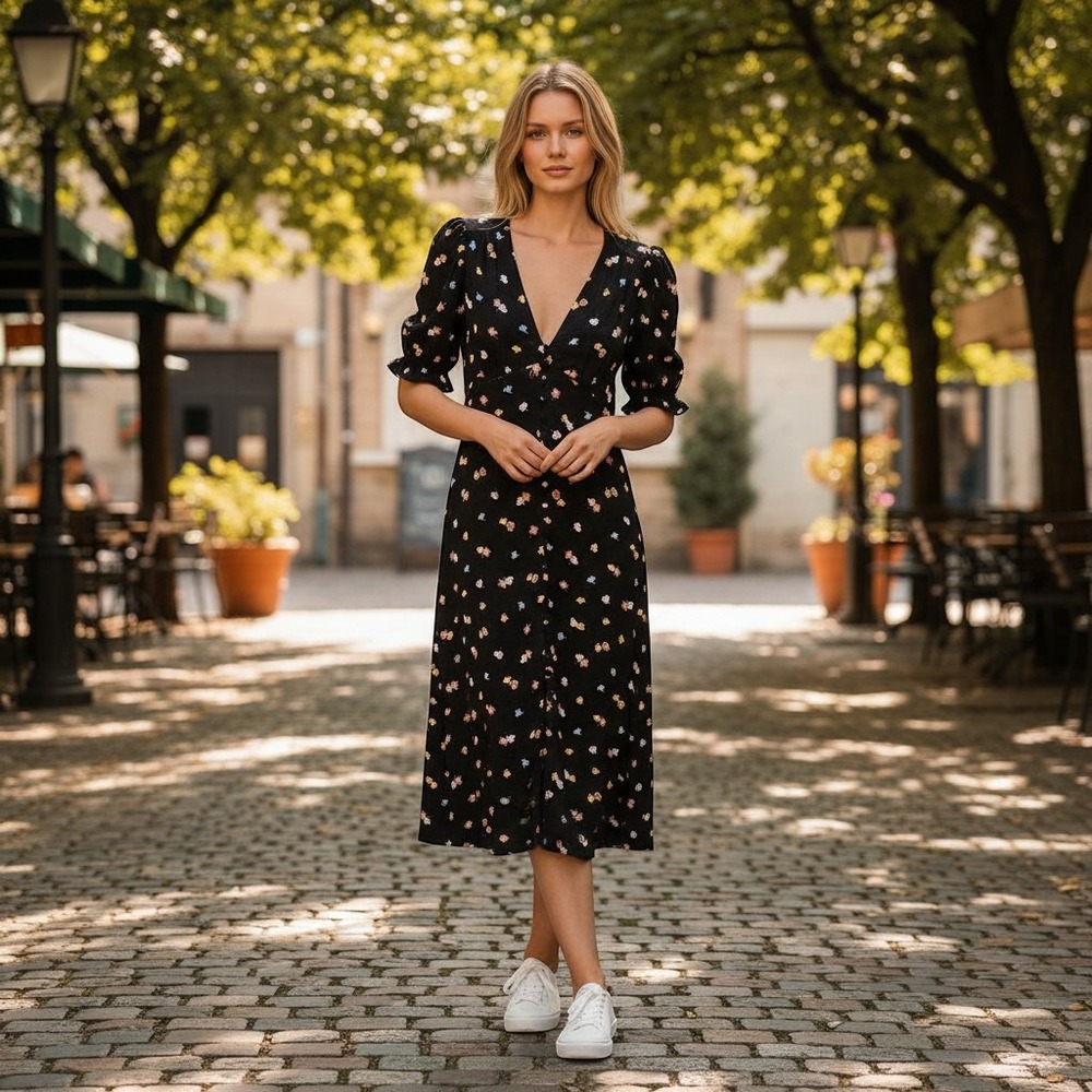 Anthropologie Floral Dress Black Size 6 Boho Western Cottage Garden Tea Feminine